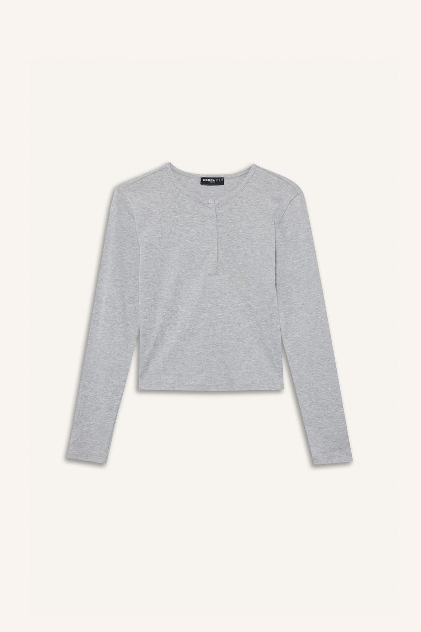 Kadın Gri Melanj Fitted Düğmeli Yaka Ribana Uzun Kollu Tişört