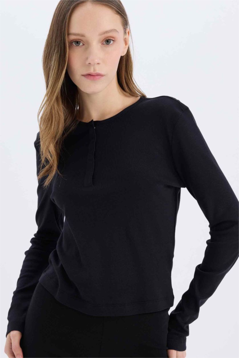 Women Black Slim Fit Ribana Long Sleeve T-Shirt