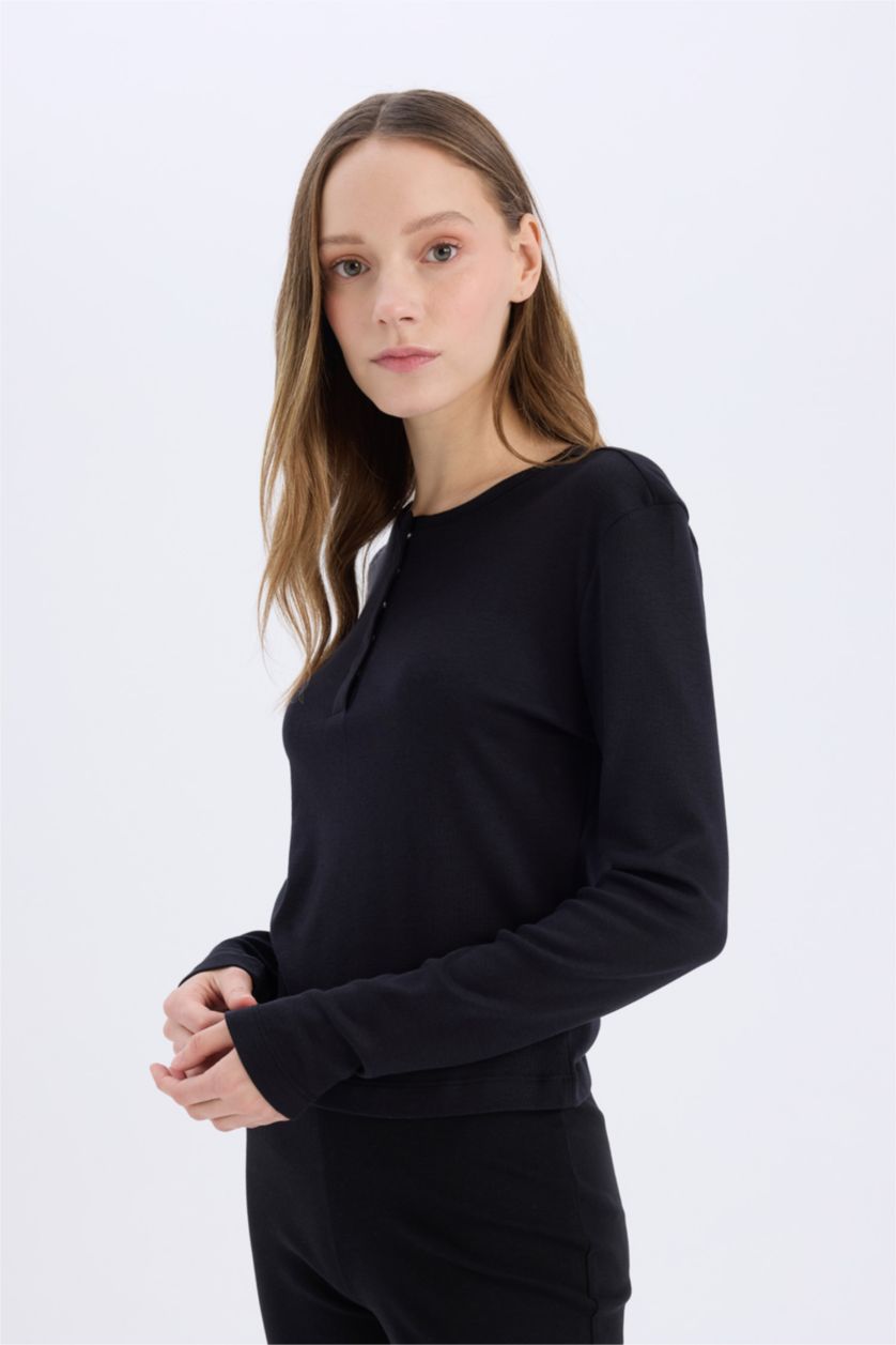 Women Black Slim Fit Ribana Long Sleeve T-Shirt