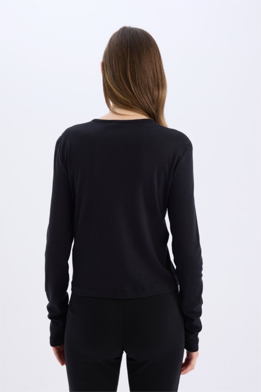 Women Black Slim Fit Ribana Long Sleeve T-Shirt
