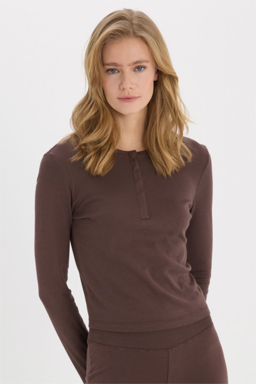Woman Brown Slim Fit Ribana Long Sleeve T-Shirt