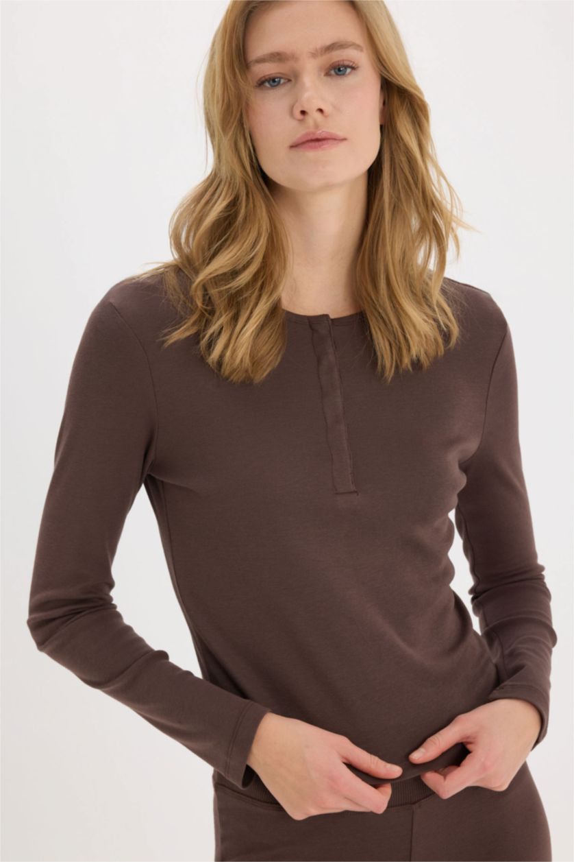 Woman Brown Slim Fit Ribana Long Sleeve T-Shirt