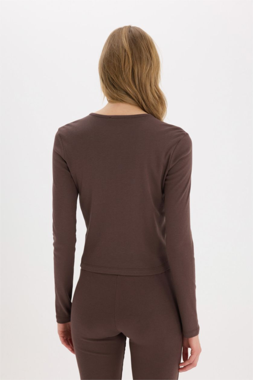 Woman Brown Slim Fit Ribana Long Sleeve T-Shirt