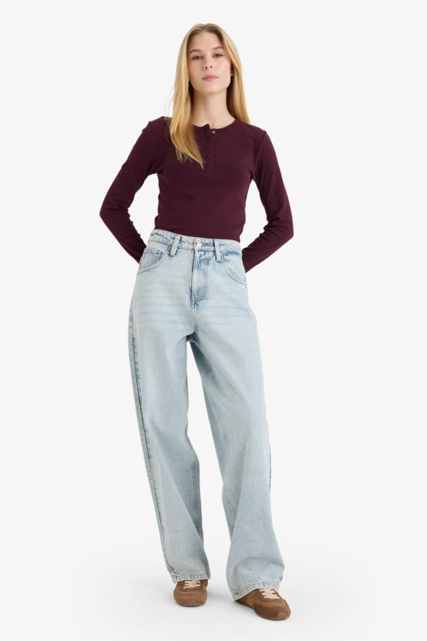 FEMME Bordeaux T-shirt manches longues côtelé à col boutonné Coupe ajustée