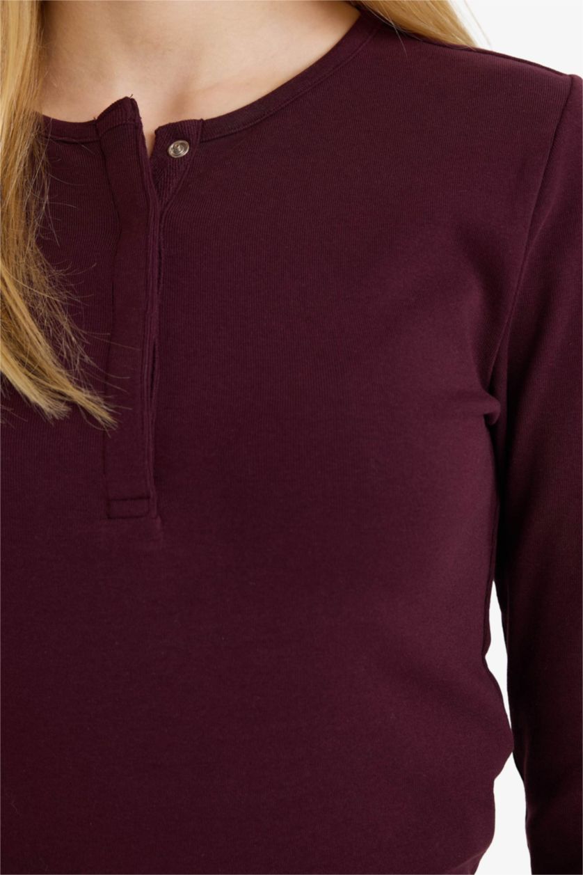 FEMME Bordeaux T-shirt manches longues côtelé à col boutonné Coupe ajustée