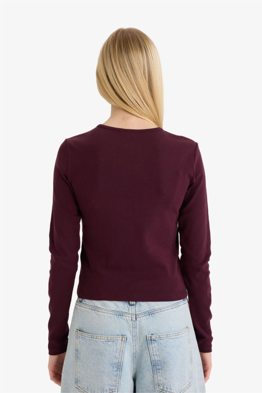 FEMME Bordeaux T-shirt manches longues côtelé à col boutonné Coupe ajustée