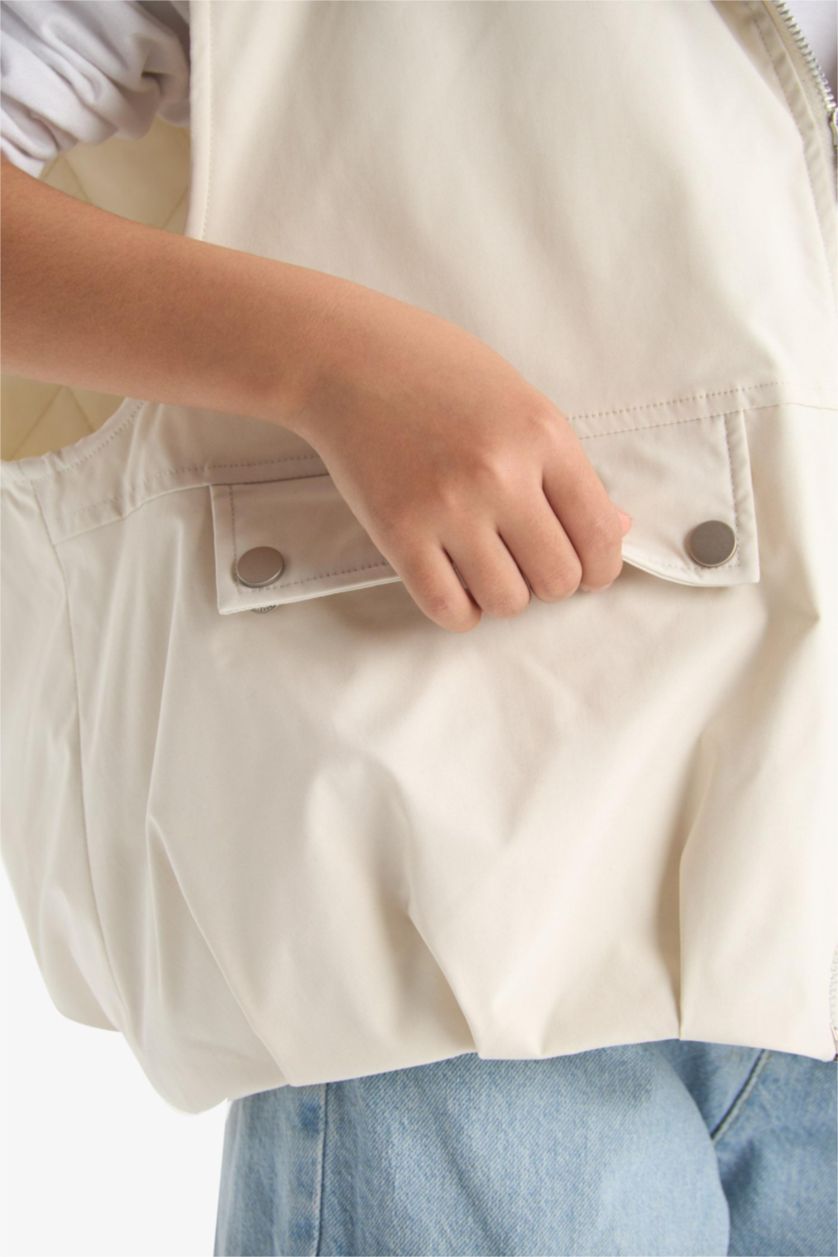 Kız Çocuk - Genç Kız Ekru Su Geçirmez Kapüşonlu Fermuarlı Yelek Kız Çocuk