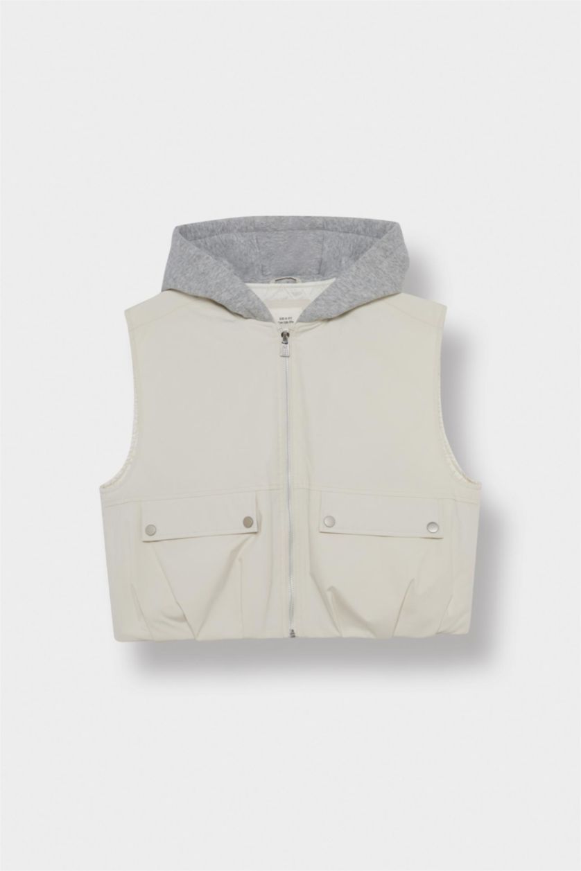 Kız Çocuk - Genç Kız Ekru Su Geçirmez Kapüşonlu Fermuarlı Yelek Kız Çocuk