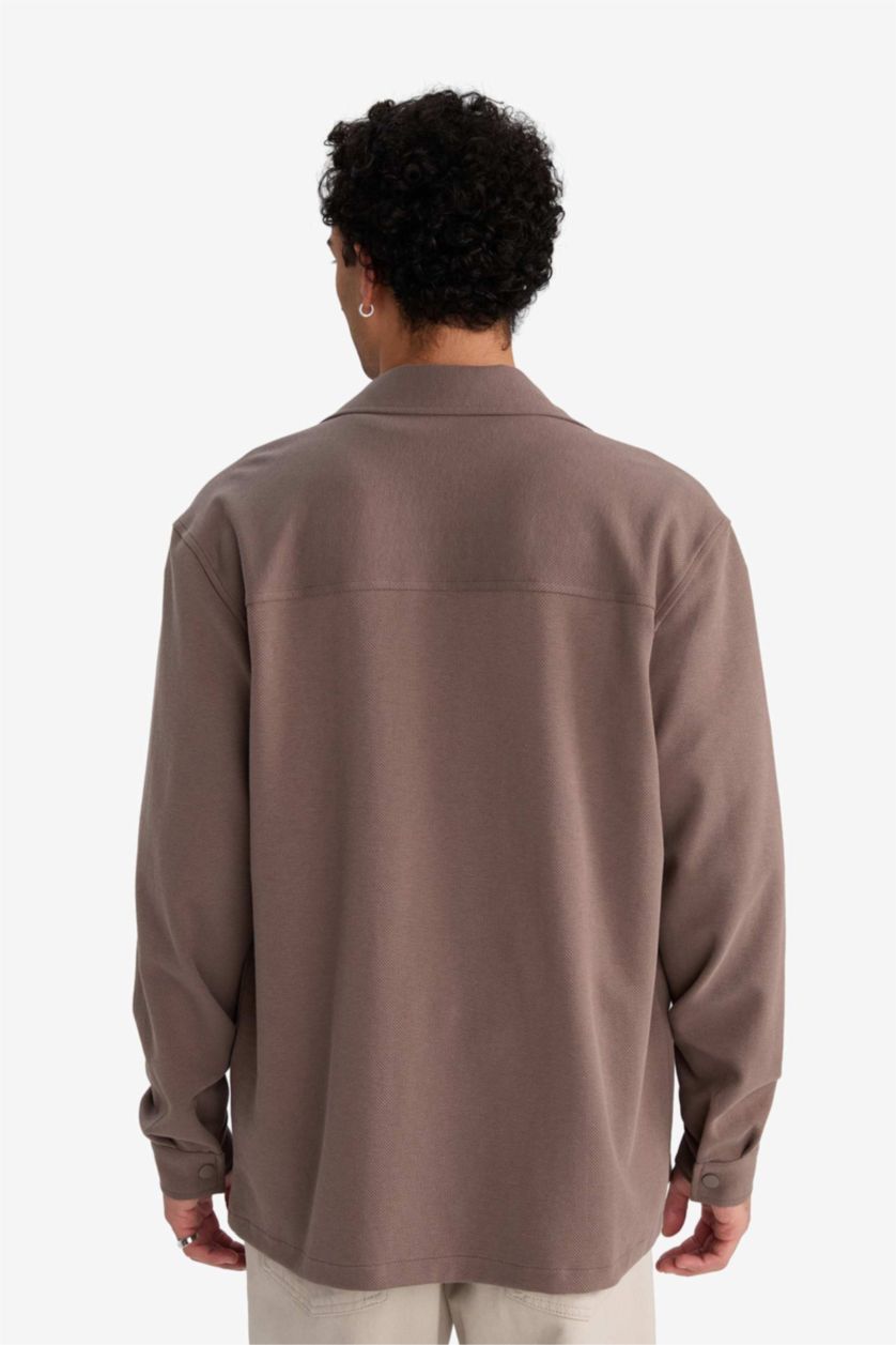 رجال بني فاتح جاكيت قميص قصة عادية بجيب مزدوج