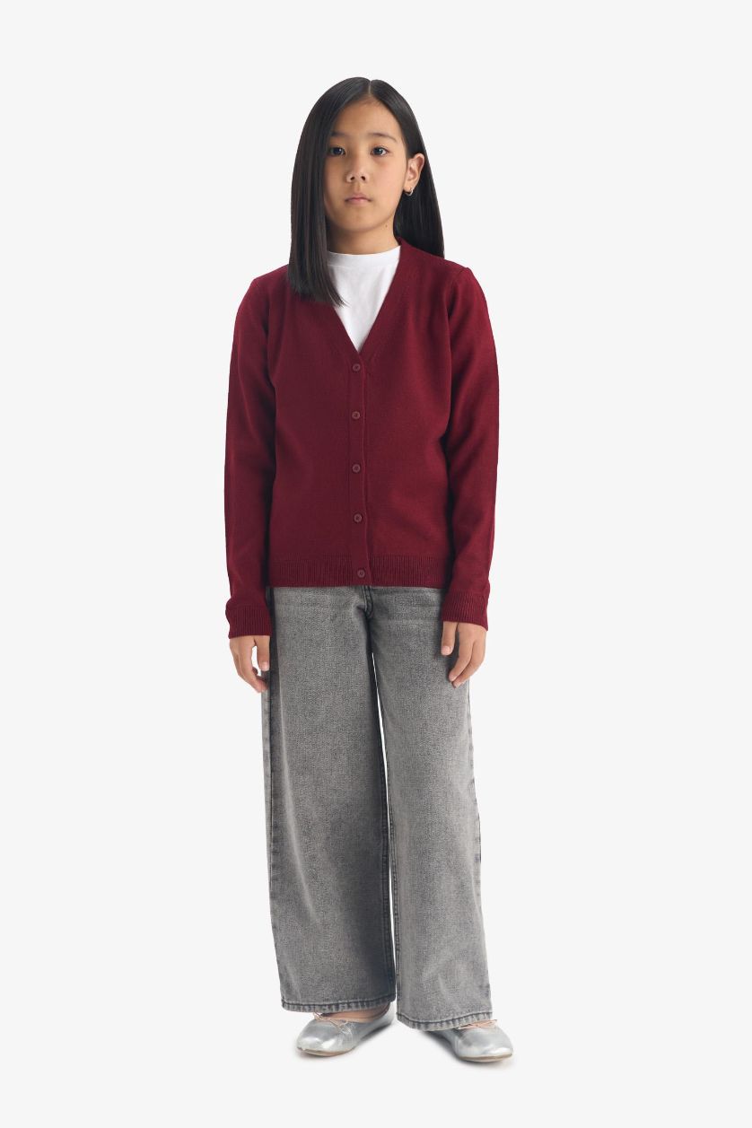 Kız Çocuk - Genç Kız Bordo V Yaka Düğmeli Okul Triko Hırkası Kız Çocuk