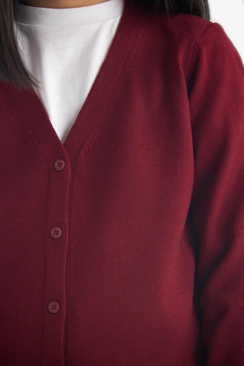 Kız Çocuk - Genç Kız Bordo V Yaka Düğmeli Okul Triko Hırkası Kız Çocuk