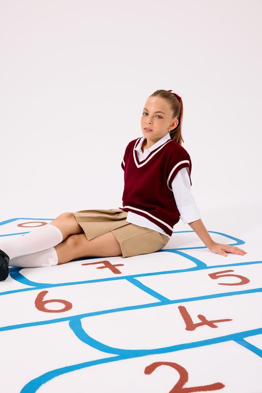 Kız Çocuk - Genç Kız Bordo Okula Dönüş Standart Fit Triko Süveter Kız Çocuk