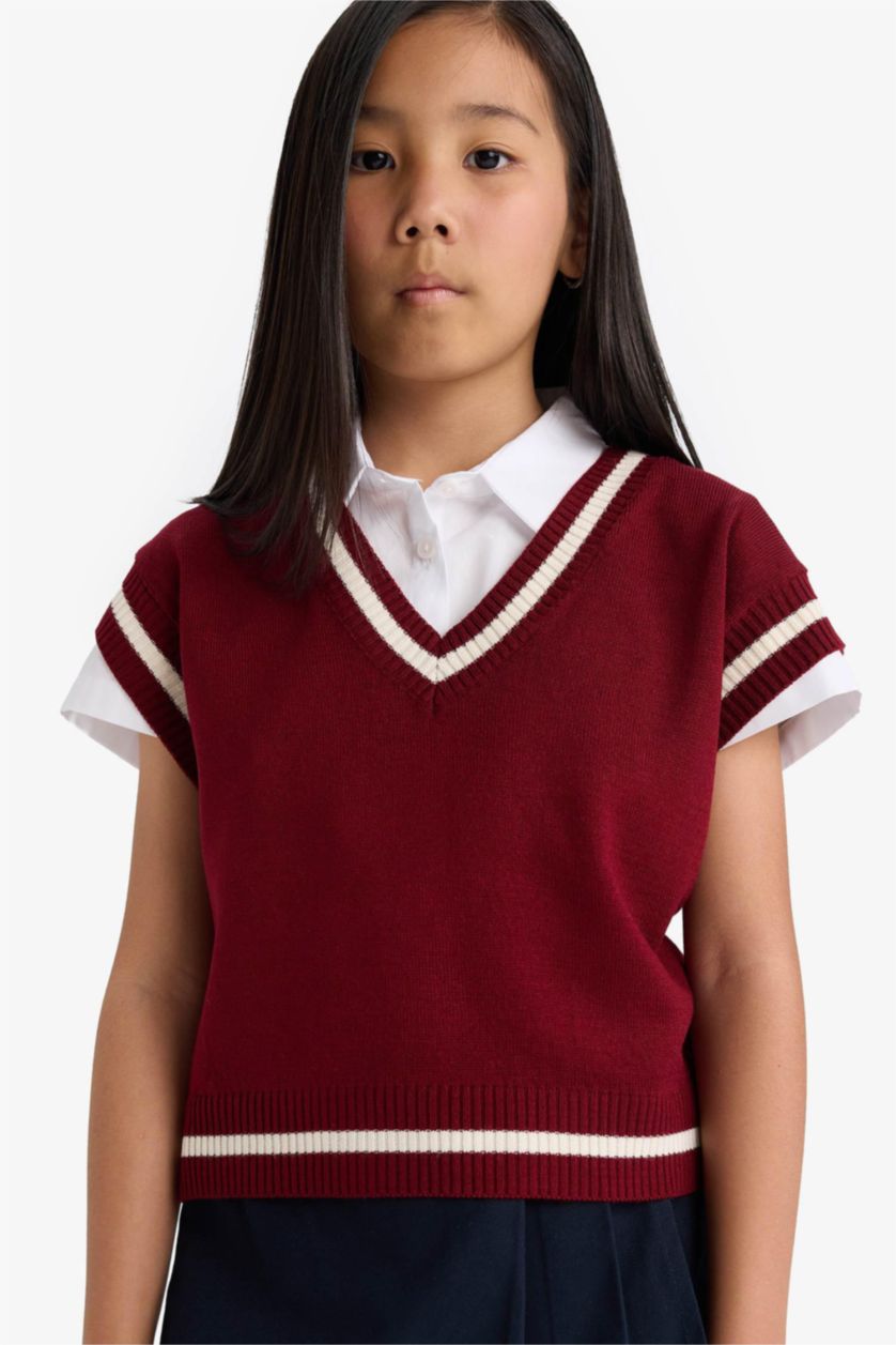 Kız Çocuk - Genç Kız Bordo Okula Dönüş Standart Fit Triko Süveter Kız Çocuk