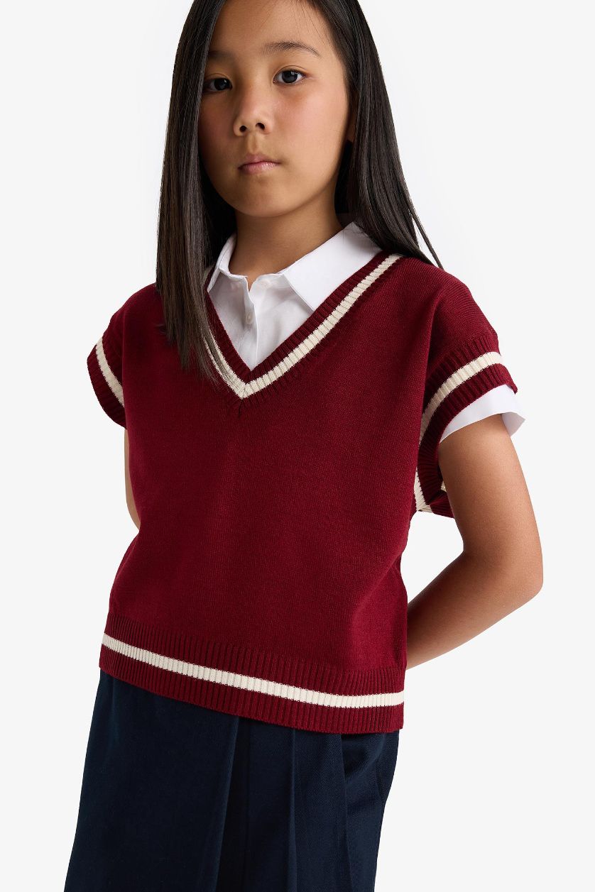 Kız Çocuk - Genç Kız Bordo Okula Dönüş Standart Fit Triko Süveter Kız Çocuk