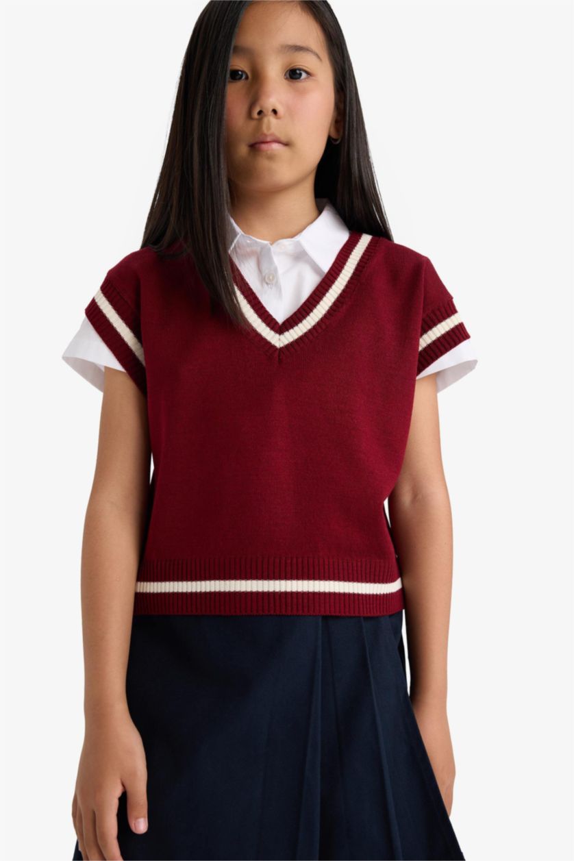 Kız Çocuk - Genç Kız Bordo Okula Dönüş Standart Fit Triko Süveter Kız Çocuk