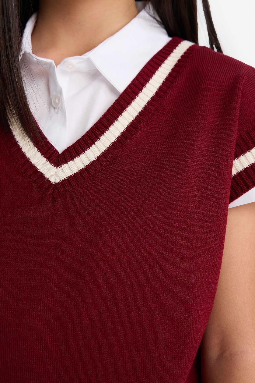 Kız Çocuk - Genç Kız Bordo Okula Dönüş Standart Fit Triko Süveter Kız Çocuk