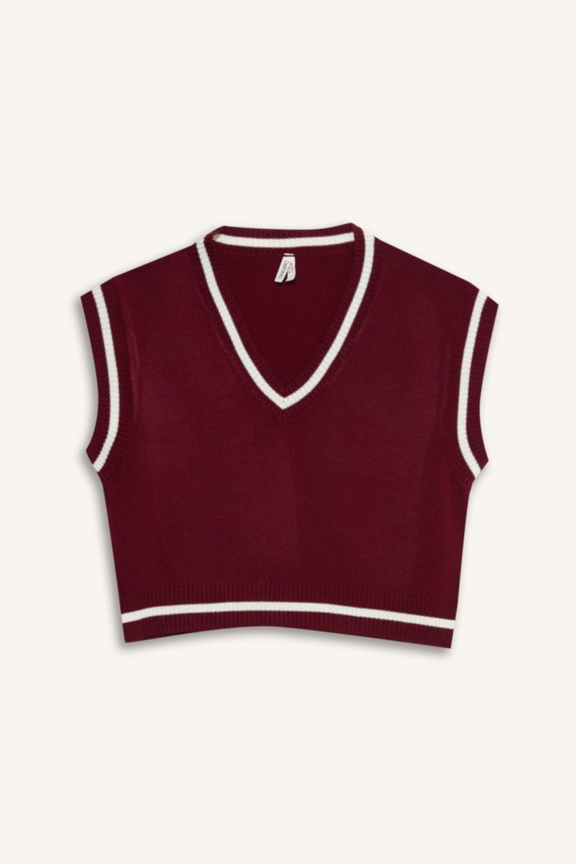 Kız Çocuk - Genç Kız Bordo Okula Dönüş Standart Fit Triko Süveter Kız Çocuk