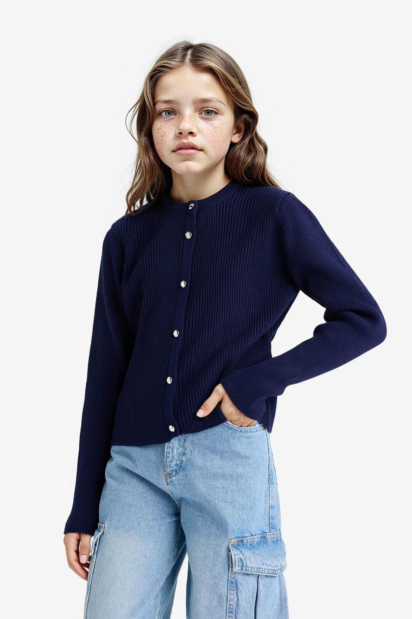GIRLS & TEENS NAVY Girl Crew Neck Button Down Knit Cardigan