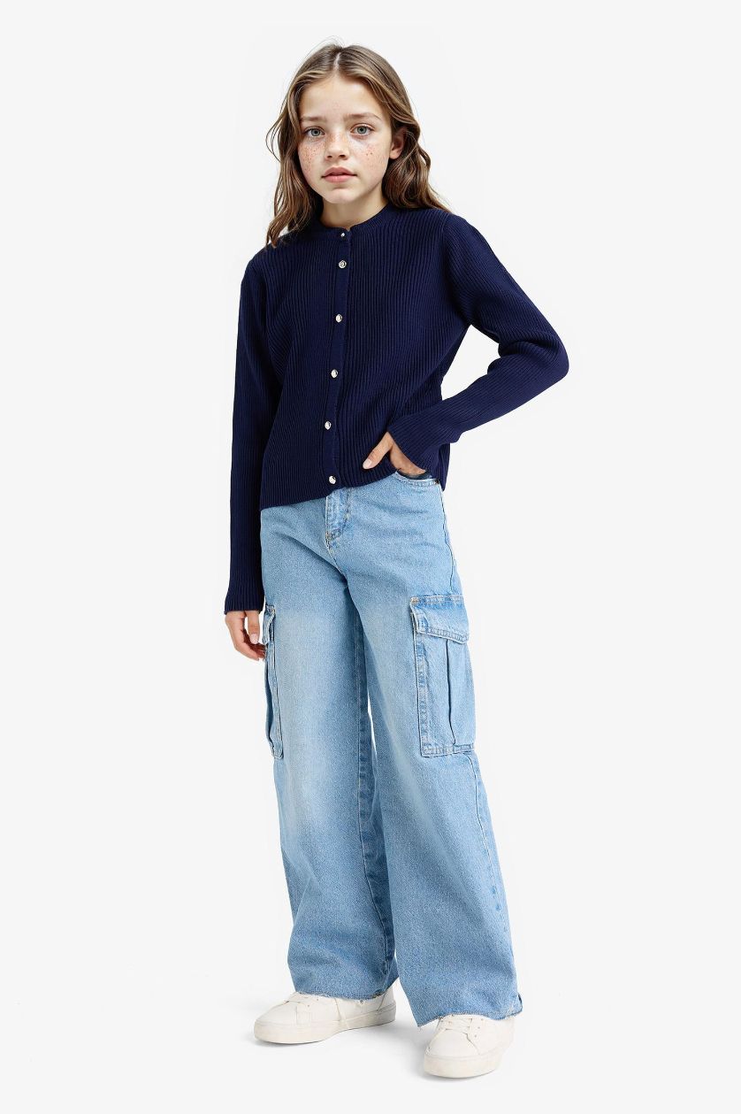 GIRLS & TEENS NAVY Girl Crew Neck Button Down Knit Cardigan