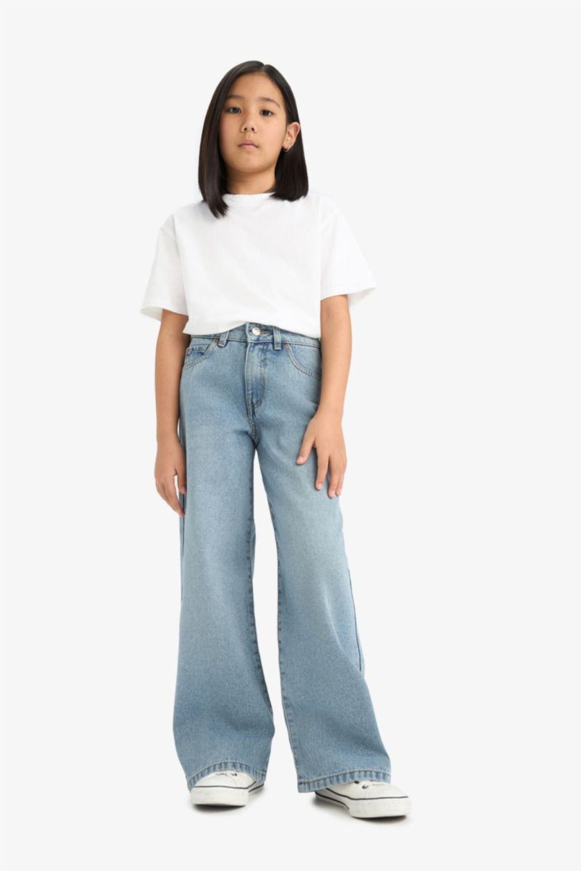 بنات أزرق فاتح بنطرون جينز بناتي وايد ليج برجل واسع بجيب