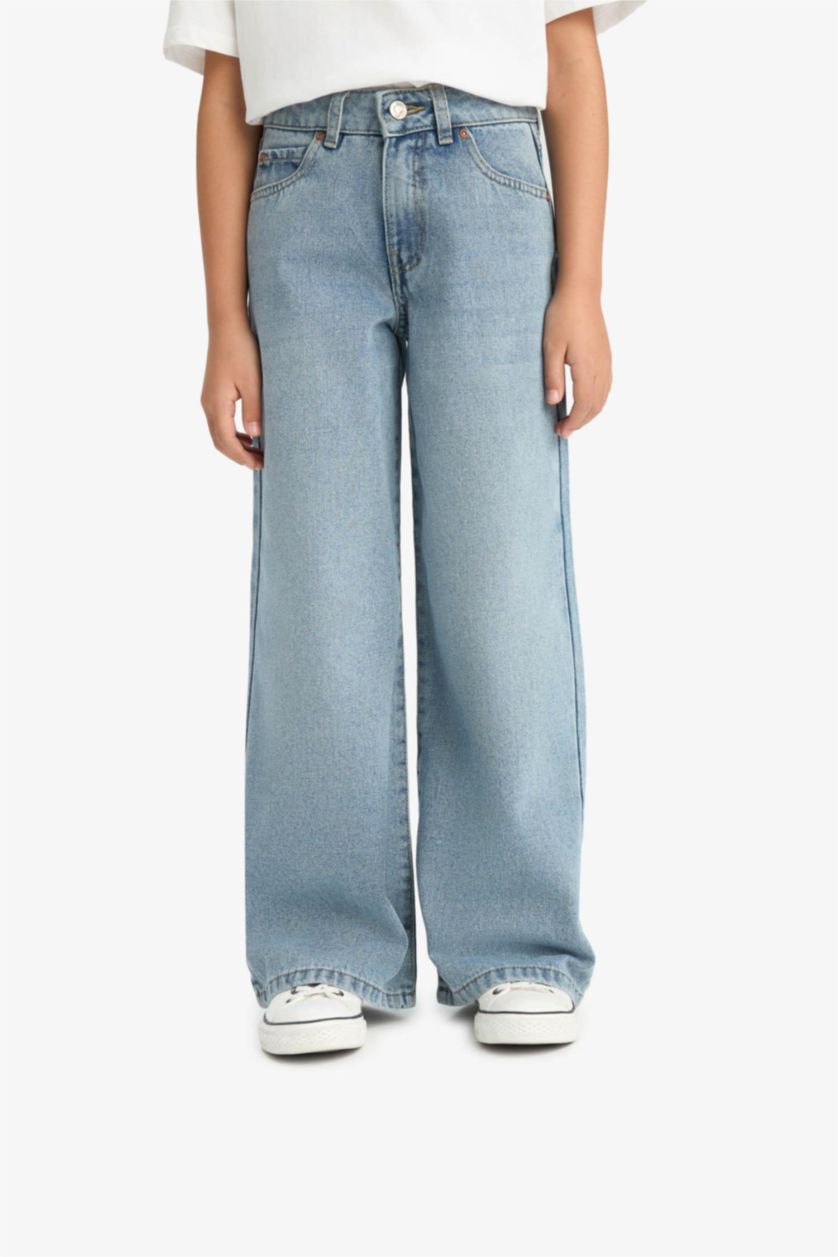 بنات أزرق فاتح بنطرون جينز بناتي وايد ليج برجل واسع بجيب