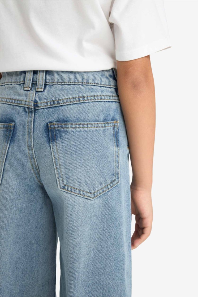 بنات أزرق فاتح بنطرون جينز بناتي وايد ليج برجل واسع بجيب