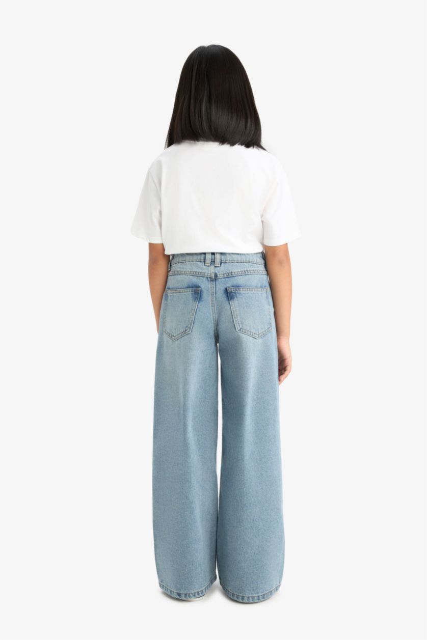 بنات أزرق فاتح بنطرون جينز بناتي وايد ليج برجل واسع بجيب