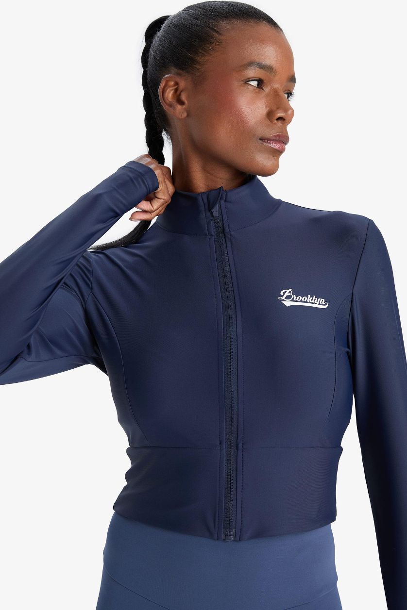 Kadın Lacivert Slim Fit Dar Kesim Dik Yaka Baskılı Ultra Esnek Fermuarlı Hırka