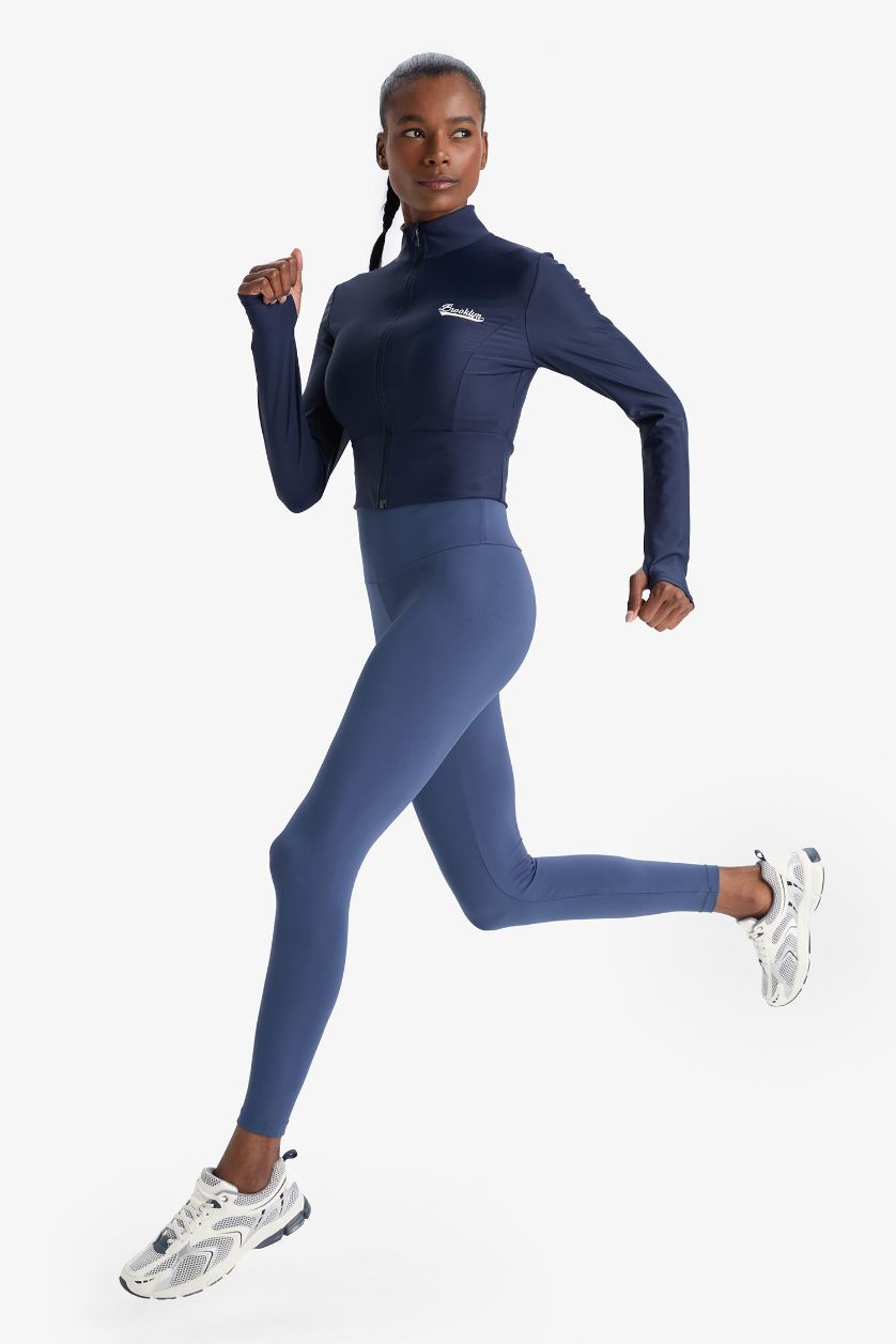 Kadın Lacivert Slim Fit Dar Kesim Dik Yaka Baskılı Ultra Esnek Fermuarlı Hırka