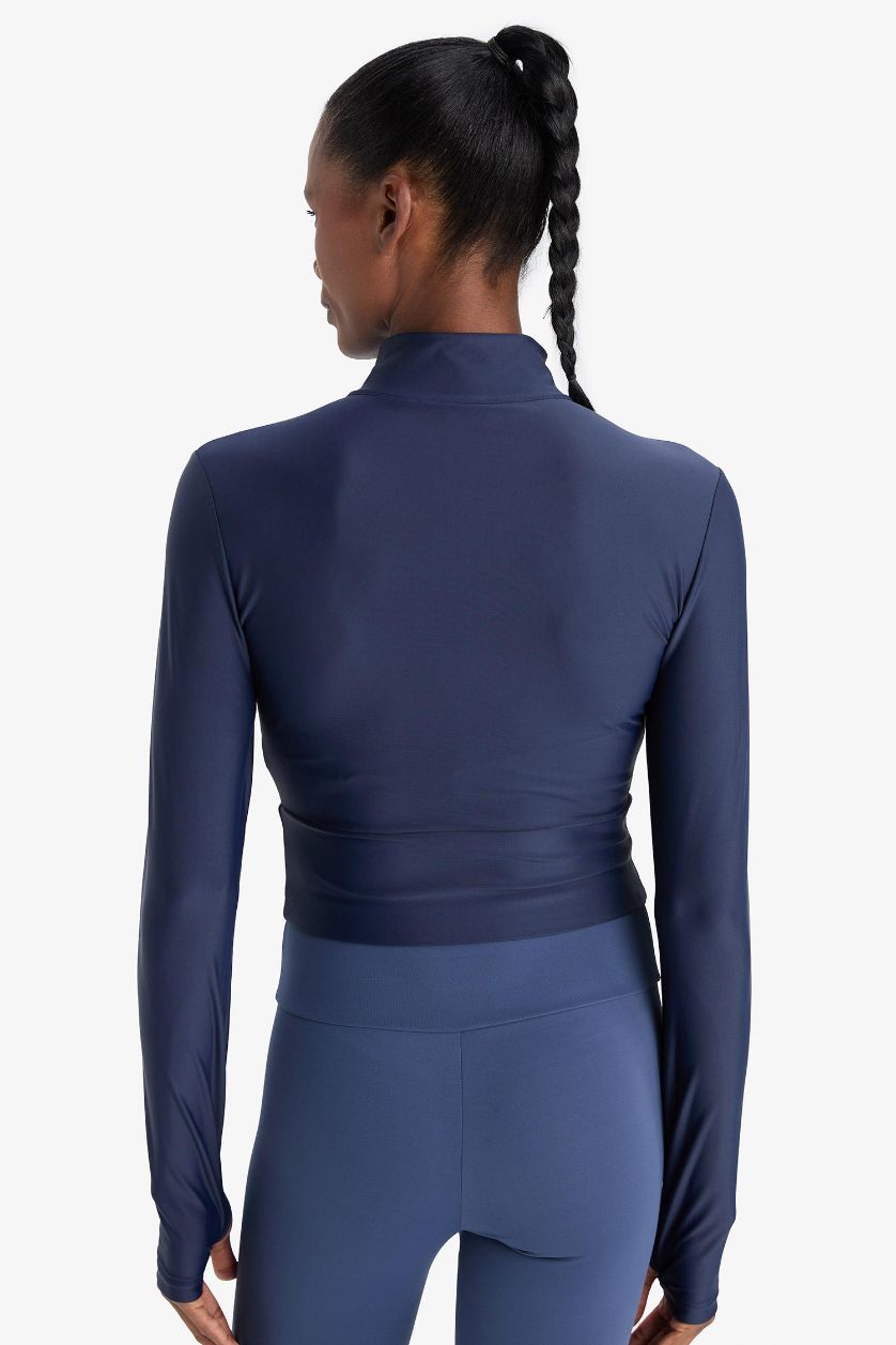 Kadın Lacivert Slim Fit Dar Kesim Dik Yaka Baskılı Ultra Esnek Fermuarlı Hırka