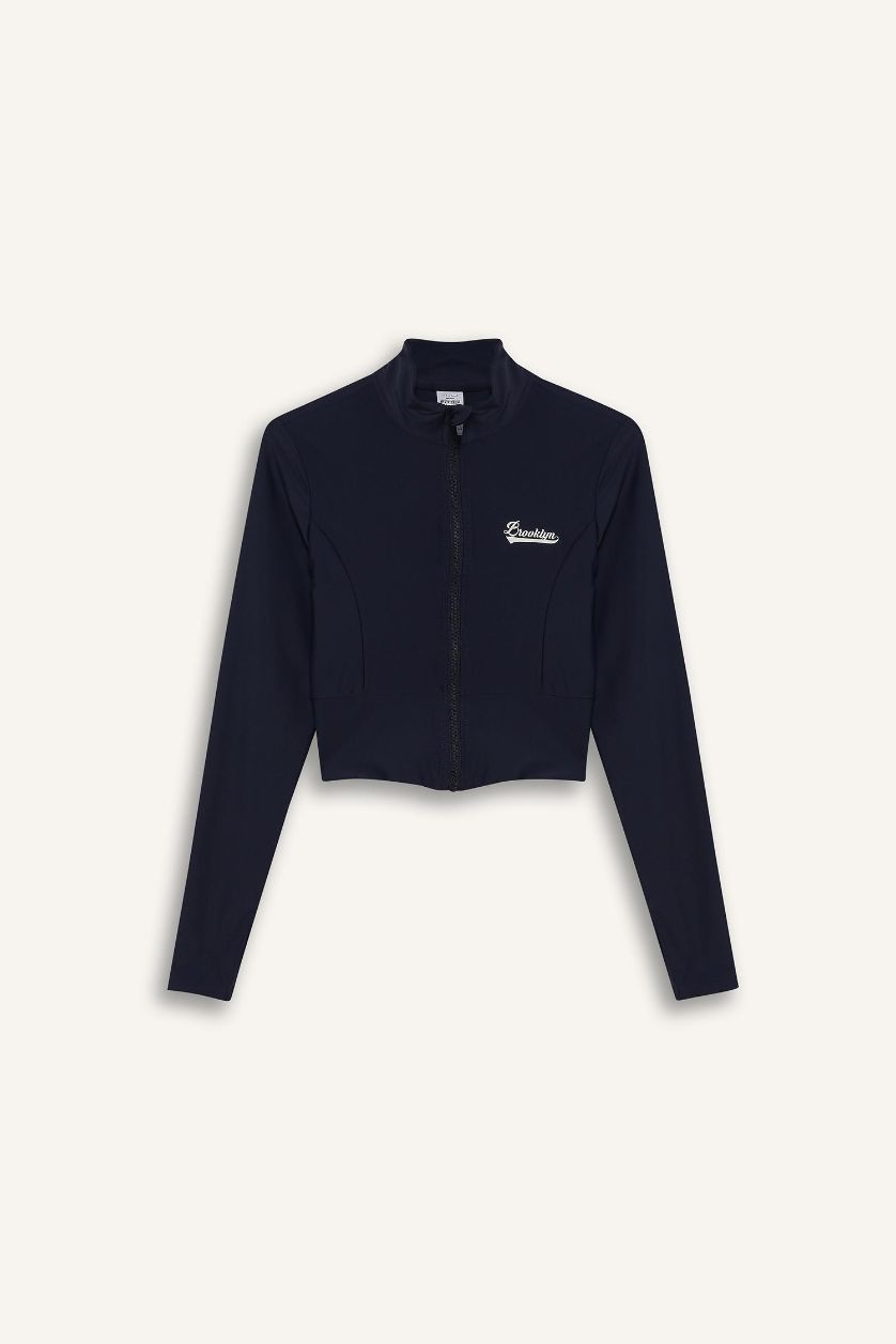 Kadın Lacivert Slim Fit Dar Kesim Dik Yaka Baskılı Ultra Esnek Fermuarlı Hırka