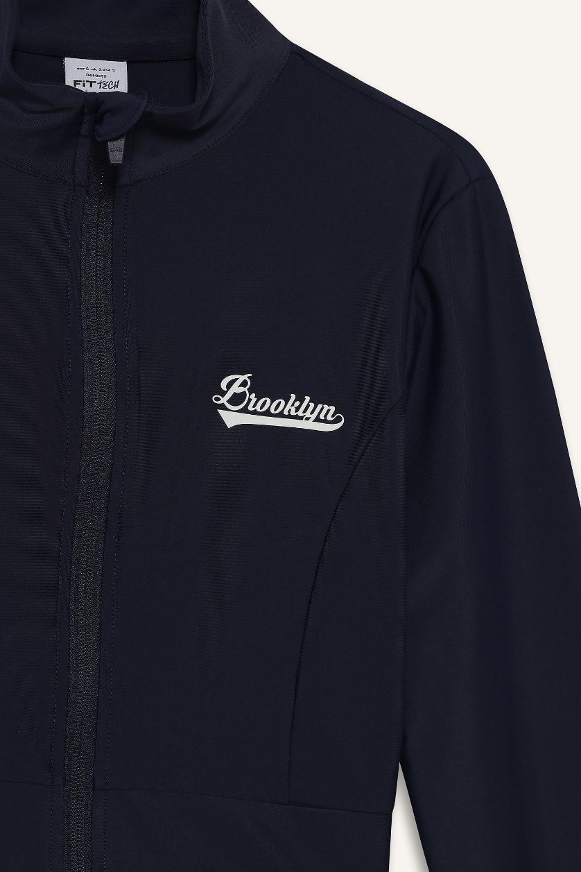 Kadın Lacivert Slim Fit Dar Kesim Dik Yaka Baskılı Ultra Esnek Fermuarlı Hırka