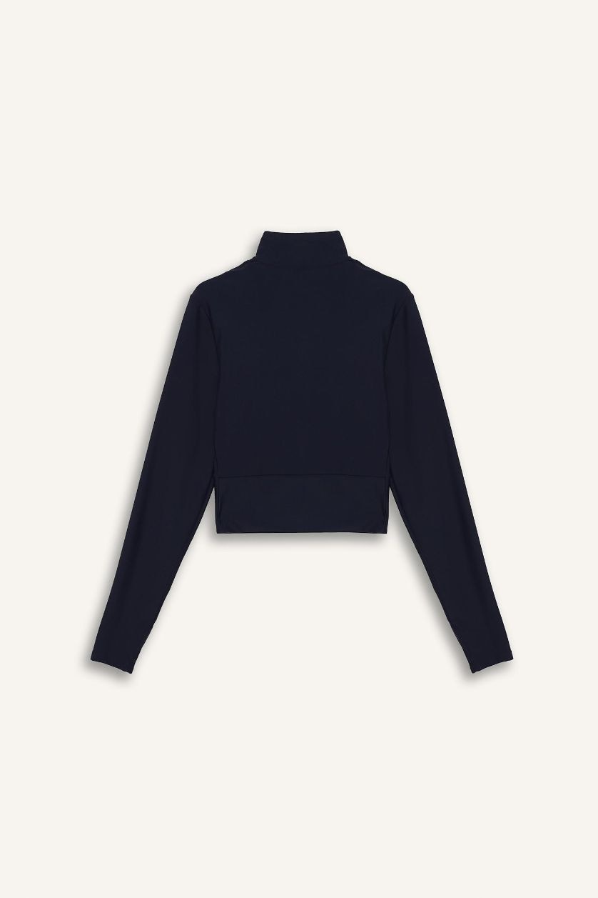 Kadın Lacivert Slim Fit Dar Kesim Dik Yaka Baskılı Ultra Esnek Fermuarlı Hırka