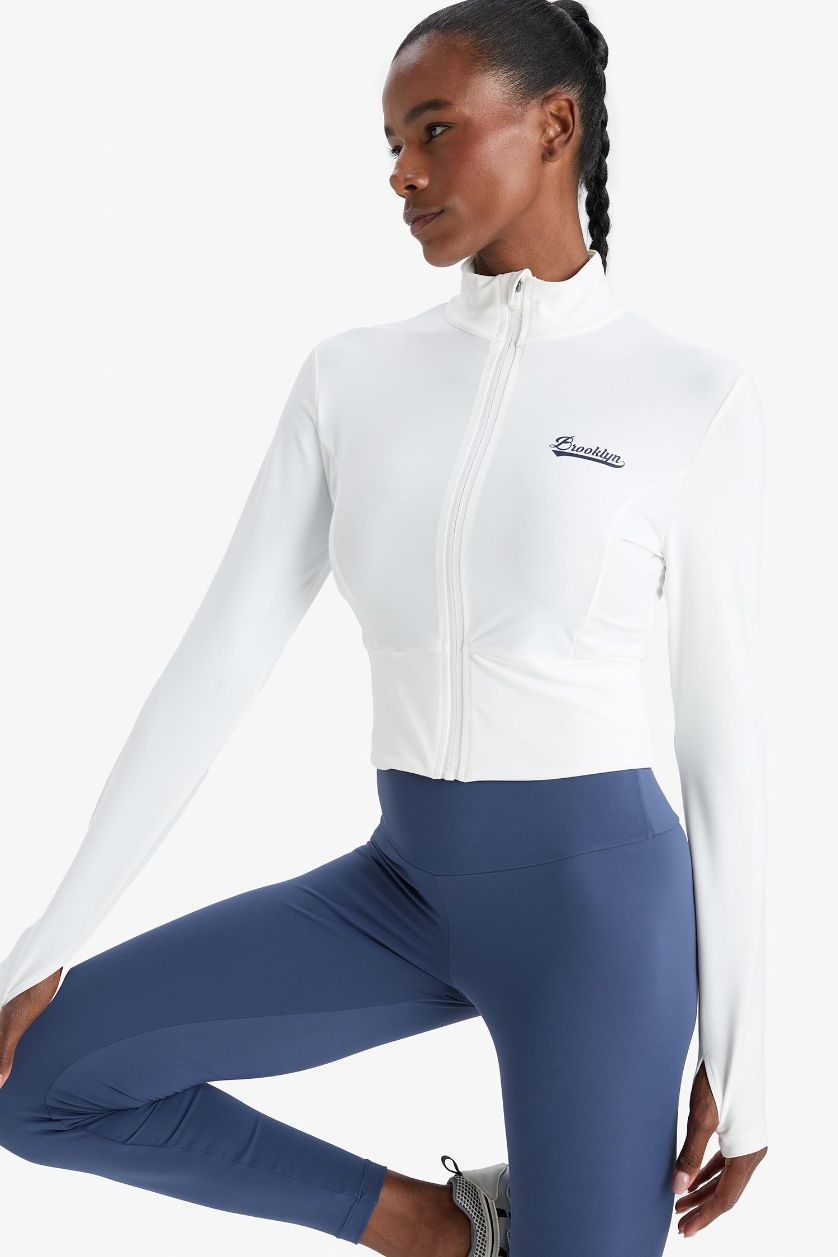 Kadın Beyaz Slim Fit Dar Kesim Dik Yaka Baskılı Ultra Esnek Fermuarlı Hırka