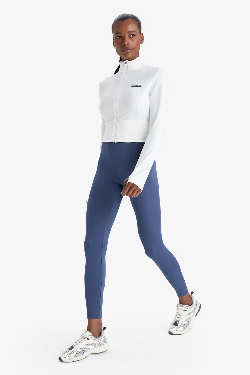 Kadın Beyaz Slim Fit Dar Kesim Dik Yaka Baskılı Ultra Esnek Fermuarlı Hırka