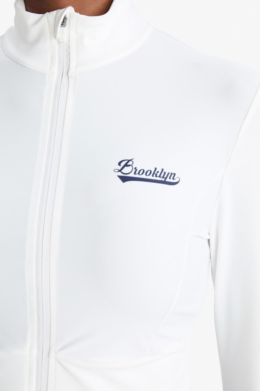 Kadın Beyaz Slim Fit Dar Kesim Dik Yaka Baskılı Ultra Esnek Fermuarlı Hırka