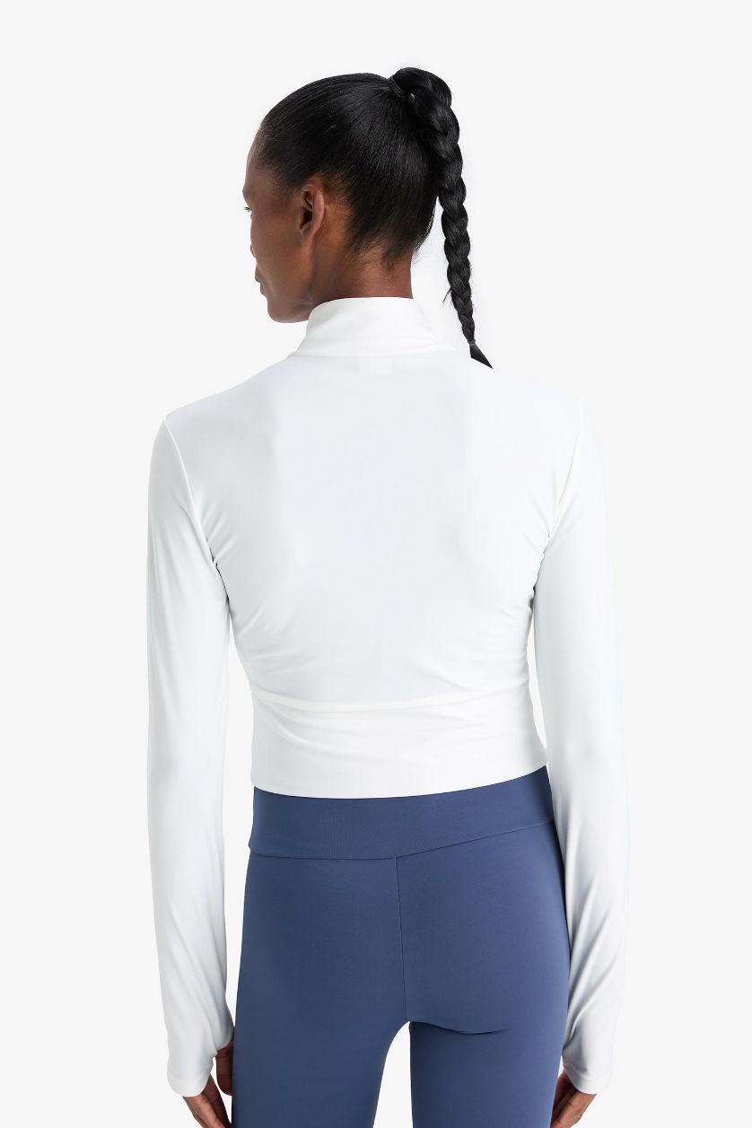 Kadın Beyaz Slim Fit Dar Kesim Dik Yaka Baskılı Ultra Esnek Fermuarlı Hırka