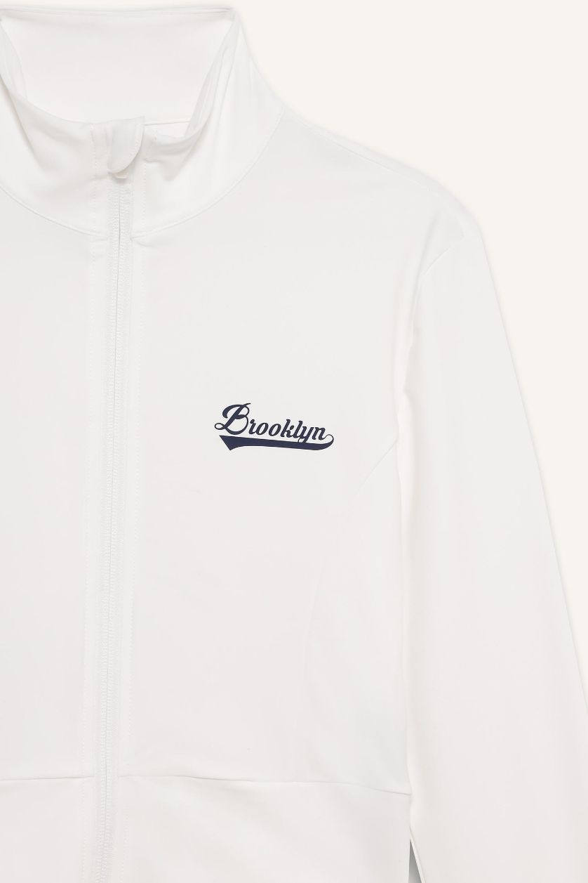 Kadın Beyaz Slim Fit Dar Kesim Dik Yaka Baskılı Ultra Esnek Fermuarlı Hırka