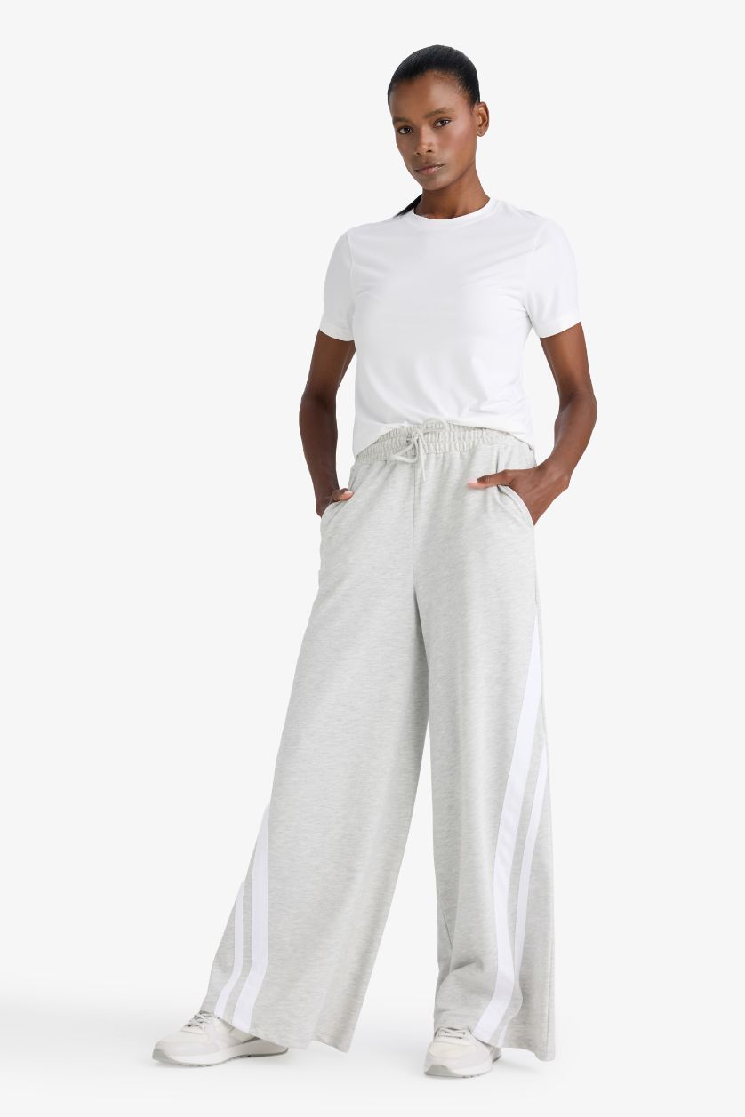 Kadın Gri Melanj Wide Leg Geniş Paça Şeritli Standart Boy Sporcu Pantolon