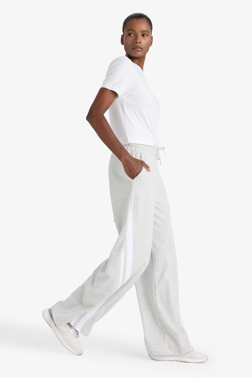 Kadın Gri Melanj Wide Leg Geniş Paça Şeritli Standart Boy Sporcu Pantolon