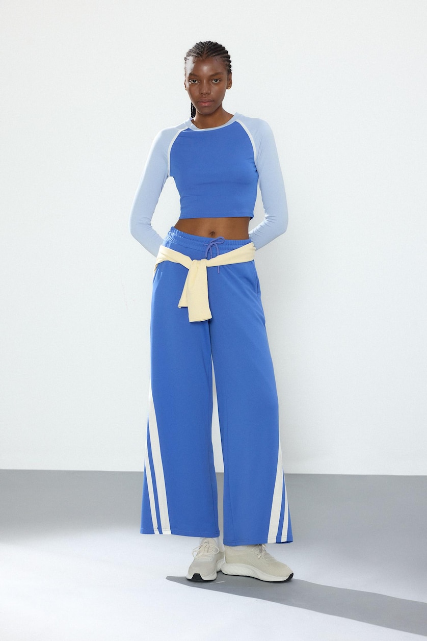 Kadın Saks Pamuklu Wide Leg Eşofman Altı