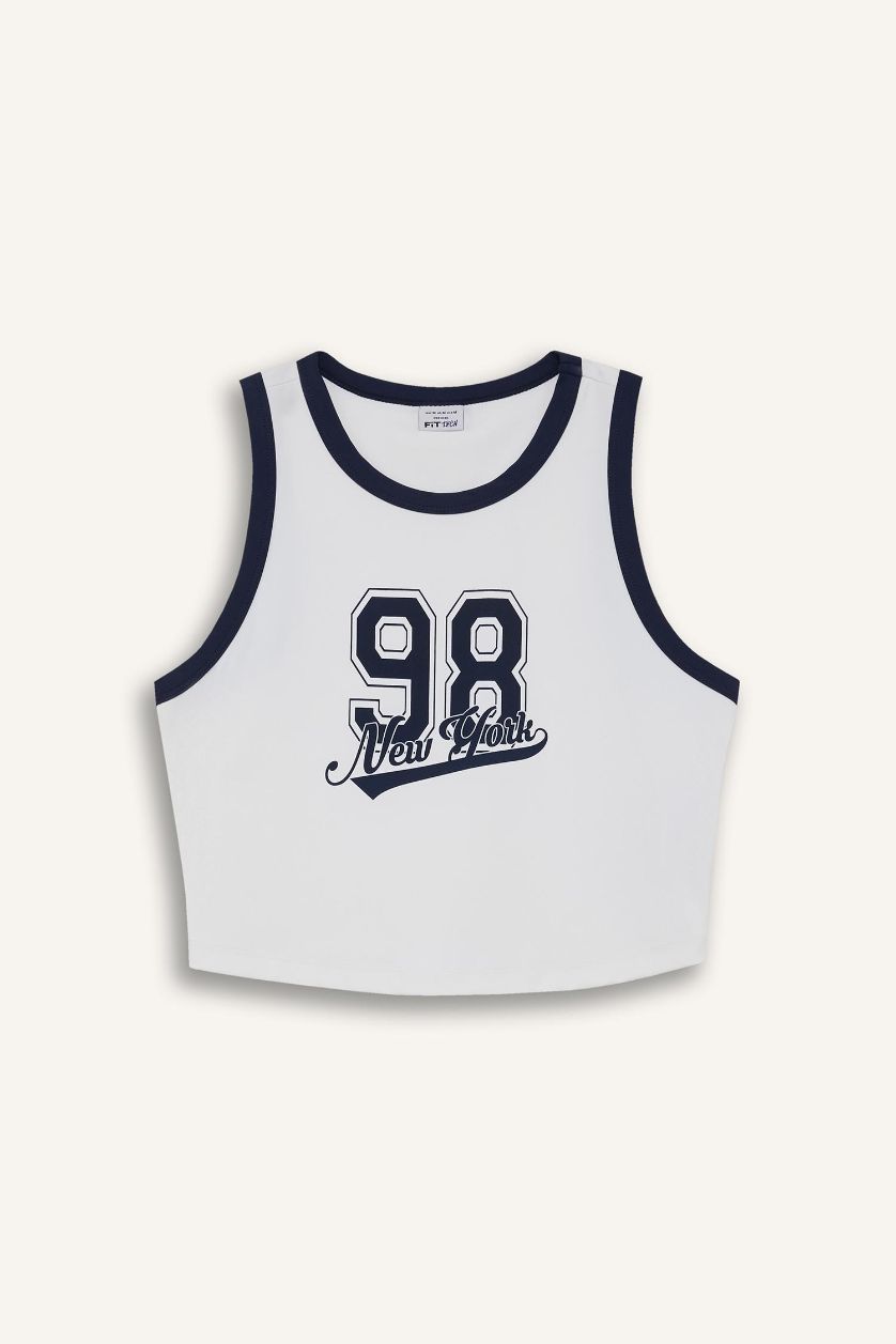 Kadın Beyaz Crop Baskılı Bisiklet Yaka Sporcu Atlet