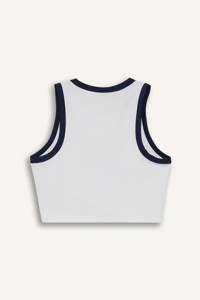 Kadın Beyaz Crop Baskılı Bisiklet Yaka Sporcu Atlet