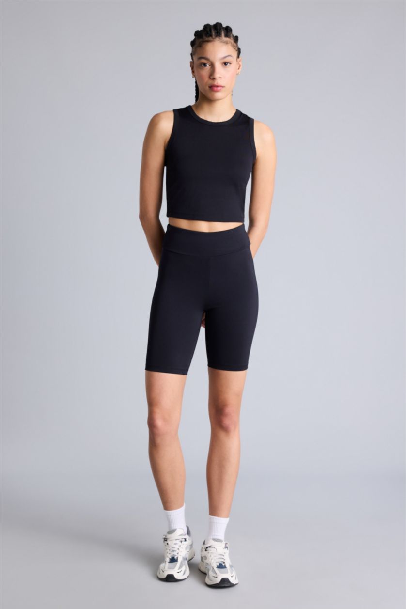 Kadın Siyah Crop Top Bisiklet Yaka Sporcu Atlet