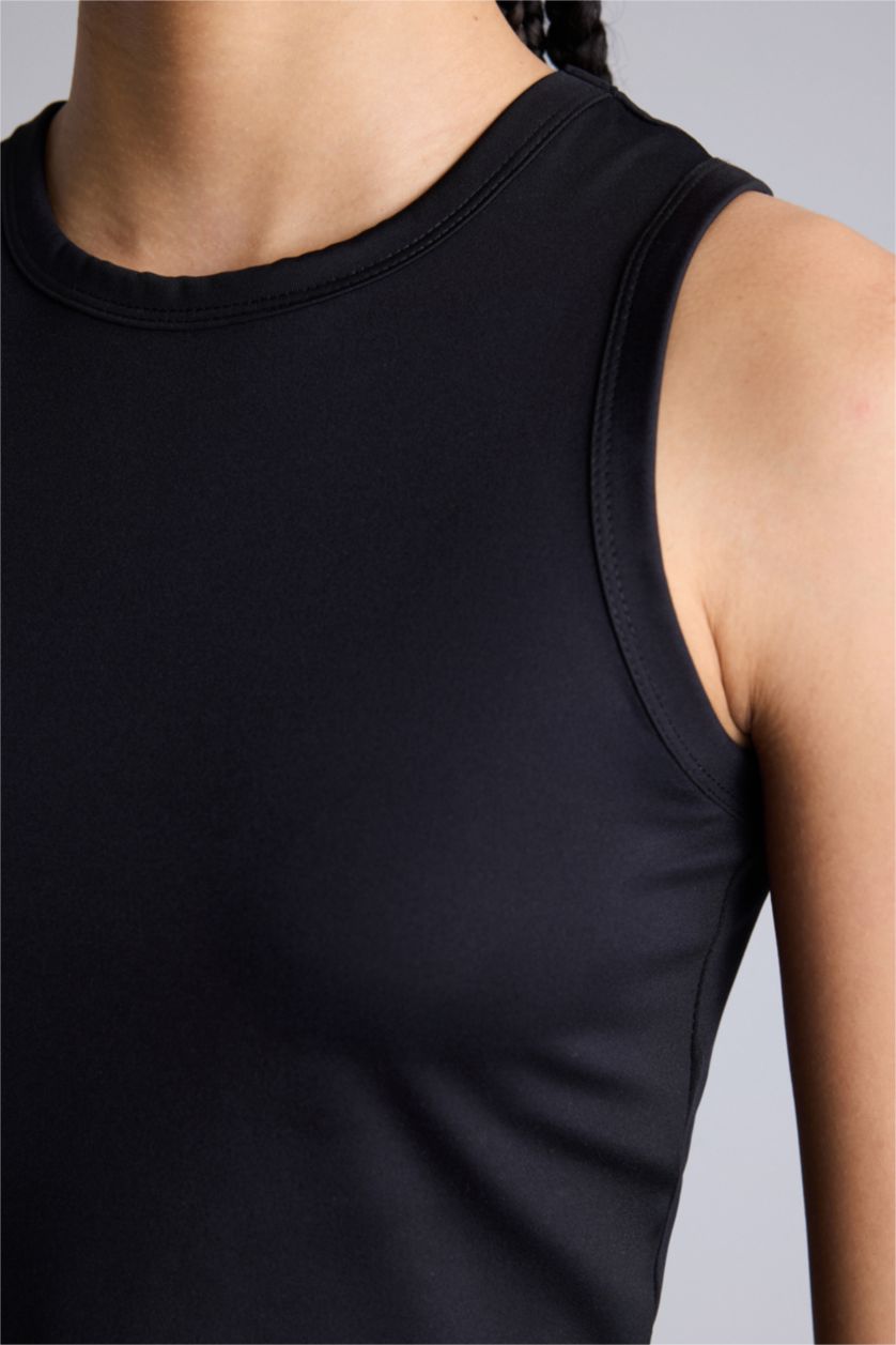 Kadın Siyah Crop Top Bisiklet Yaka Sporcu Atlet