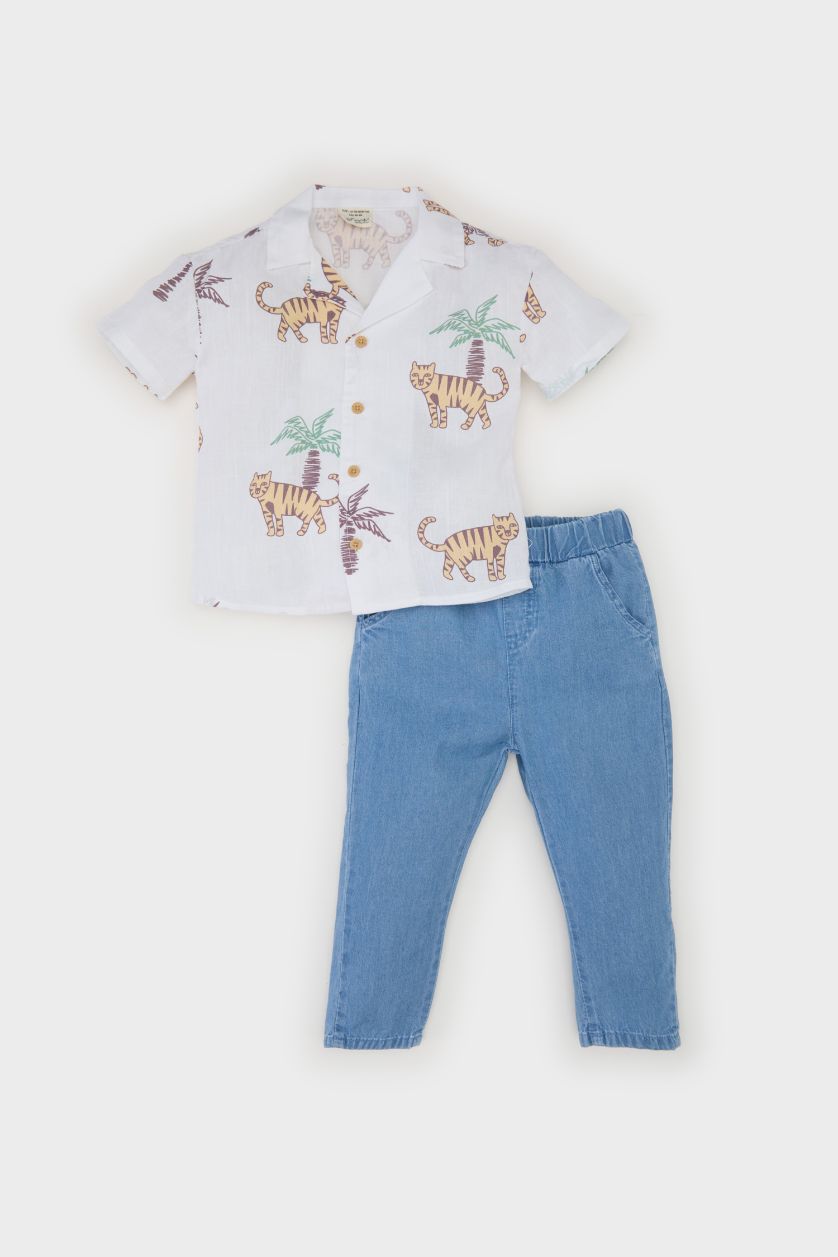 Erkek Bebek Ekru 2'li Takım Desenli Flamlı Poplin Kısa Kollu Gömlek Beli Lastikli Jean Pantolon Erkek Bebek