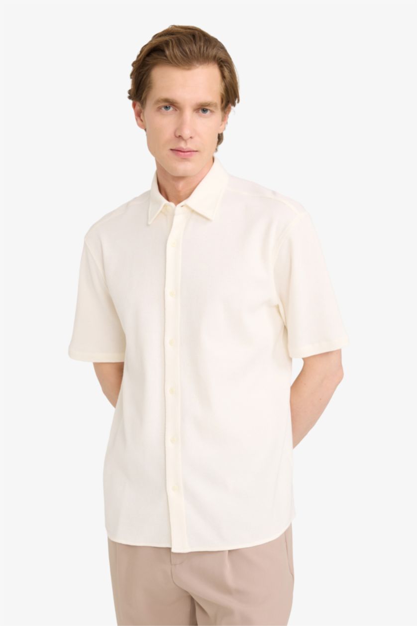 MAN Ecru Regular Fit Polo Collar Jersey Short Sleeve Shirt