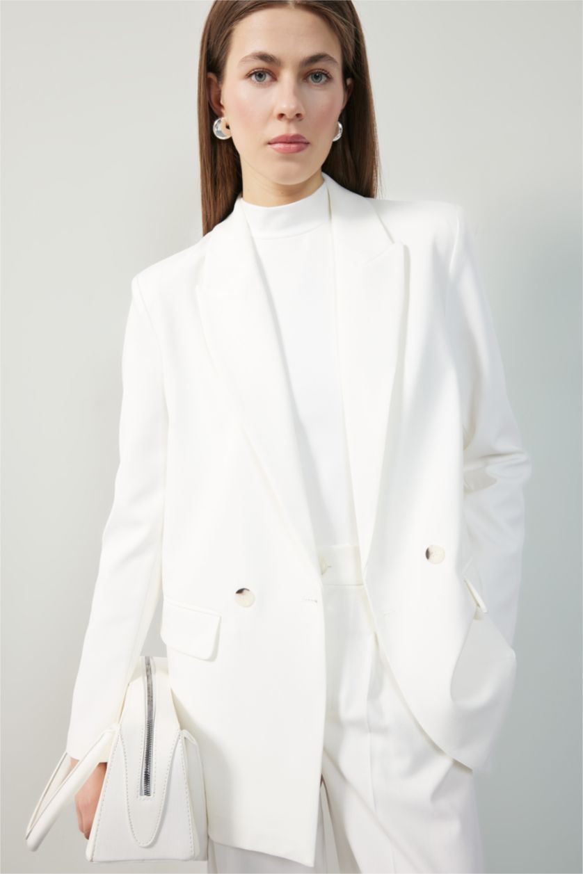Kadın Ekru Oversıze Ceket Yaka Blazer Ceket