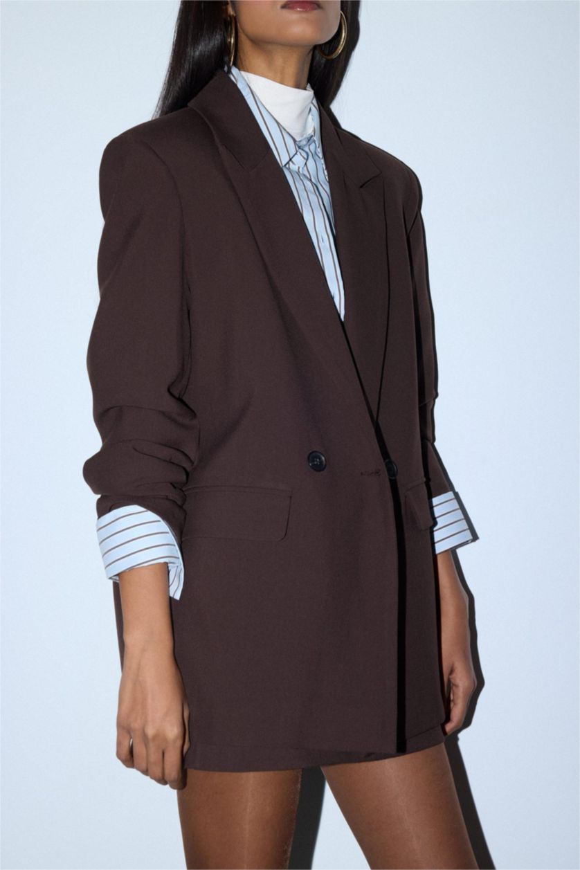 Woman Brown Oversize Jacket Collar Blazer