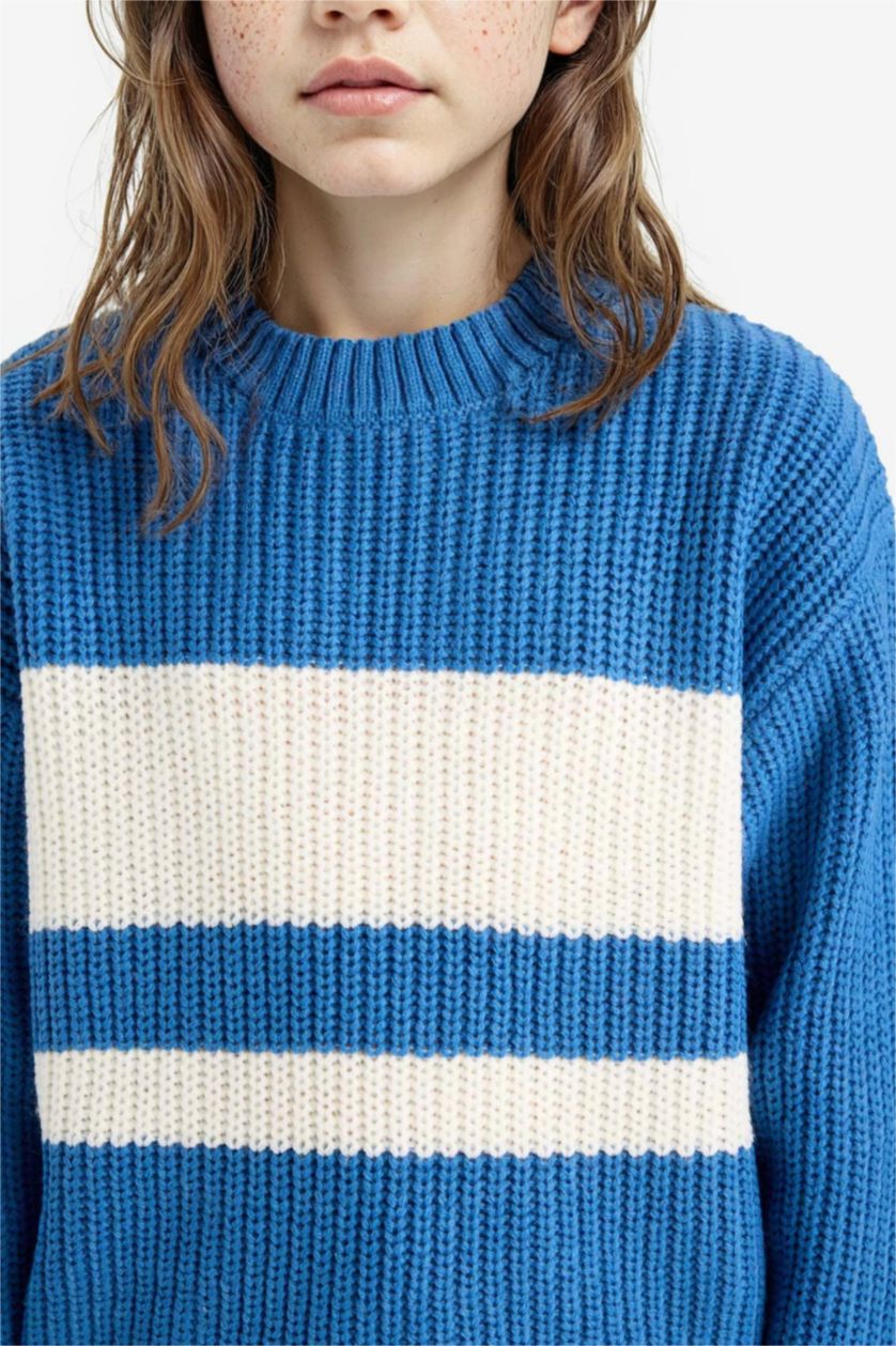 Kız Çocuk - Genç Kız Mavi Standart Fit Bisiklet Yaka Çizgili Triko Kazak Kız Çocuk